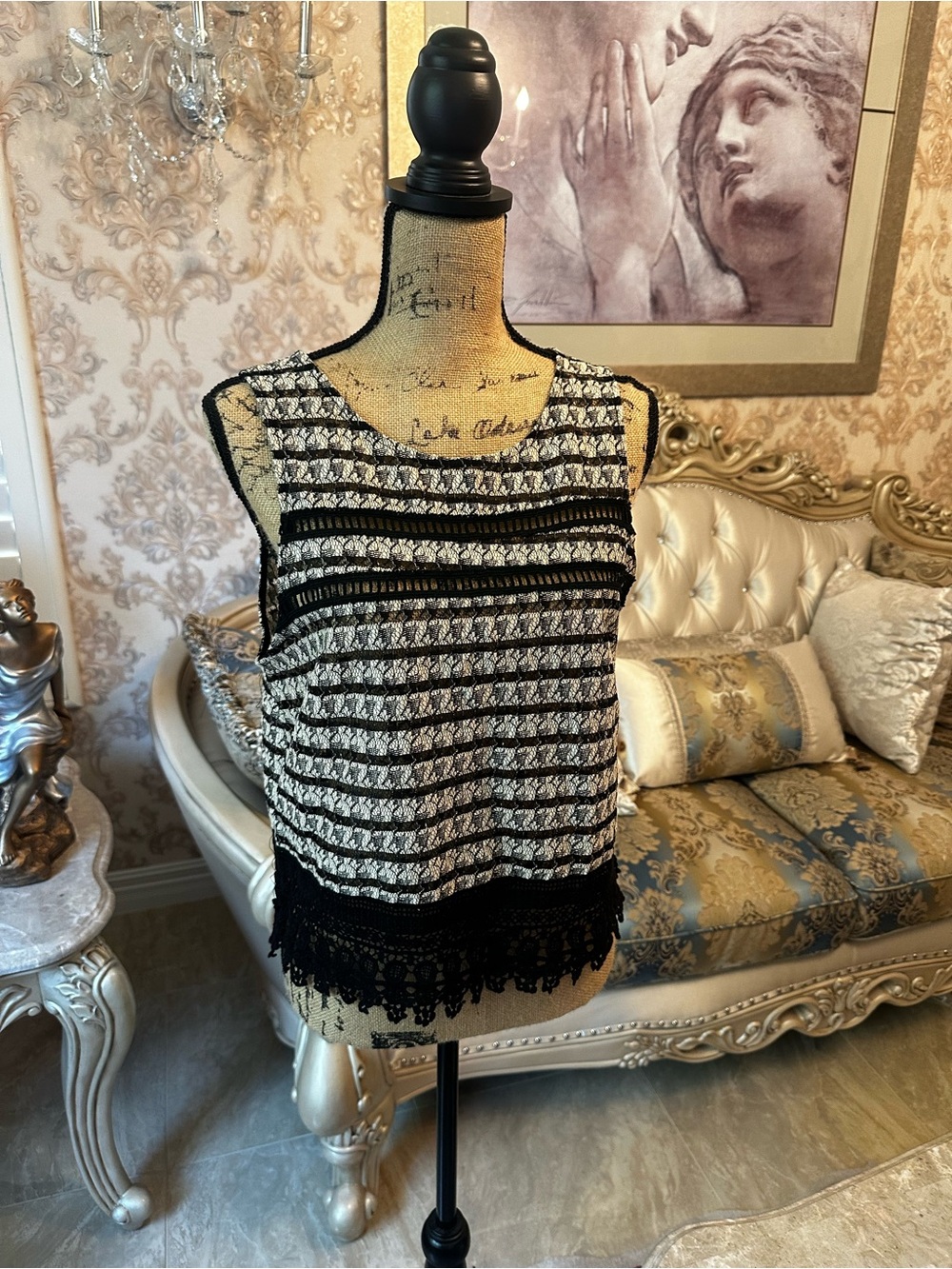 Astr Black and White Crochet Fringe Camisole
